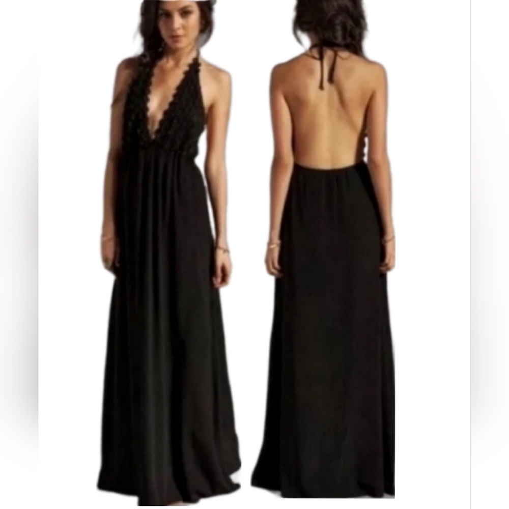 For Love And Lemons Black Backless Maxi Gown with Plunge Neckline for Night Out